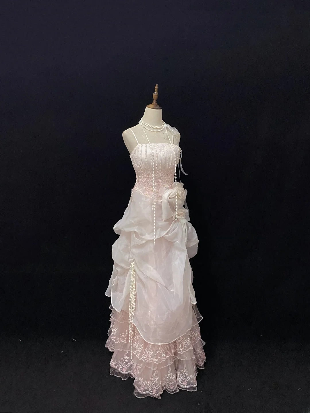 Modest A line Spaghetti Straps Pink With Ruffled Beads Lace Long Prom Dresses Formal Outfits Evening Night Dress RB7776