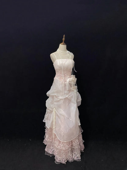 Modest A line Spaghetti Straps Pink With Ruffled Beads Lace Long Prom Dresses Formal Outfits Evening Night Dress RB7776