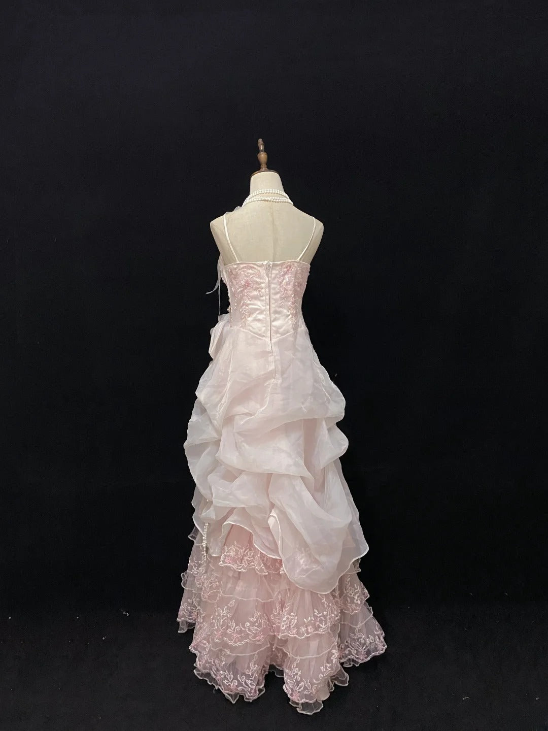 Modest A line Spaghetti Straps Pink With Ruffled Beads Lace Long Prom Dresses Formal Outfits Evening Night Dress RB7776