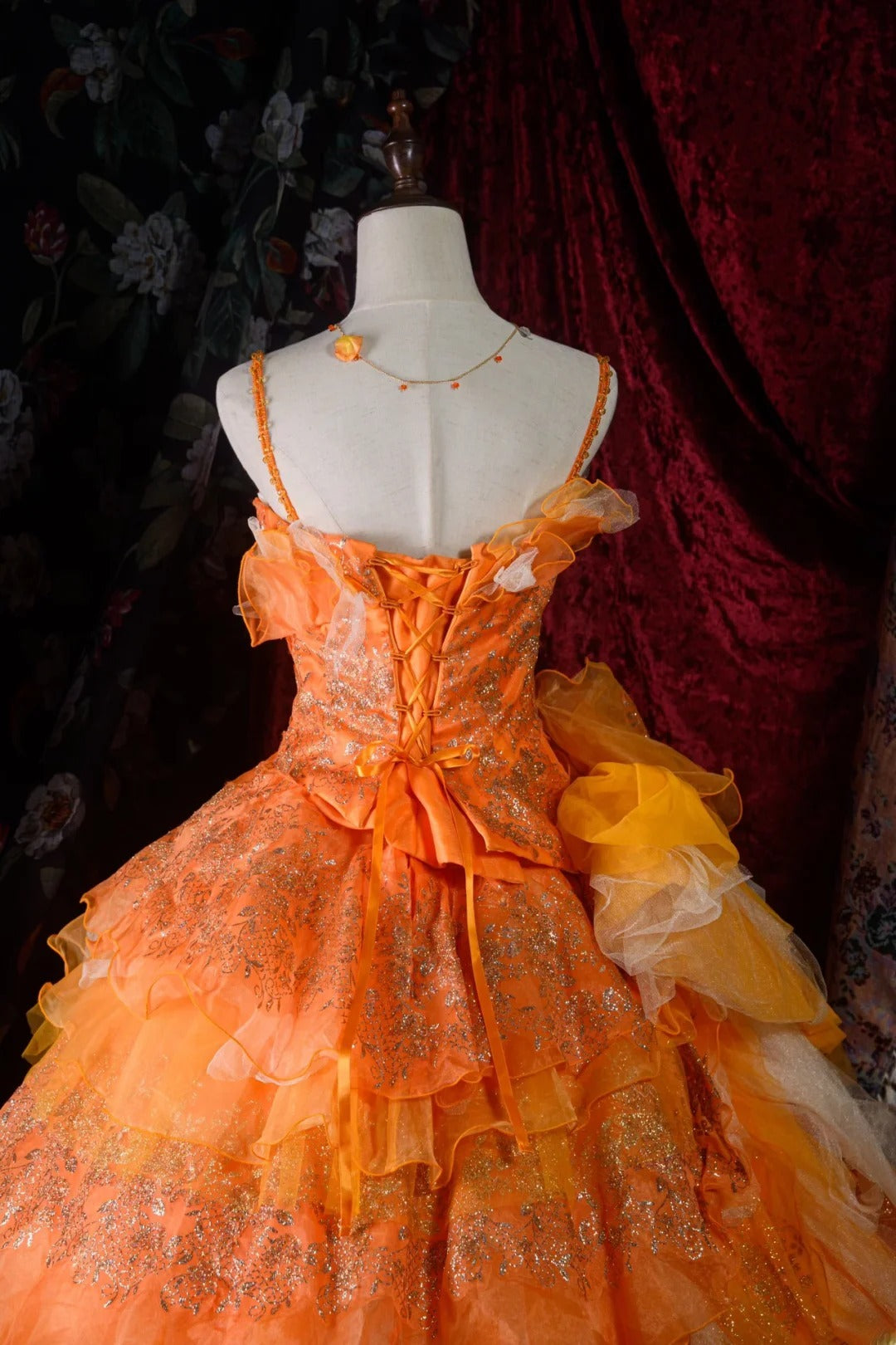 Timeless Ball Gown Formal Events Spaghetti Straps Orange With Tiered Layers Quince Dress Long Quinceanera Dresses Birthday Outfits RB8558
