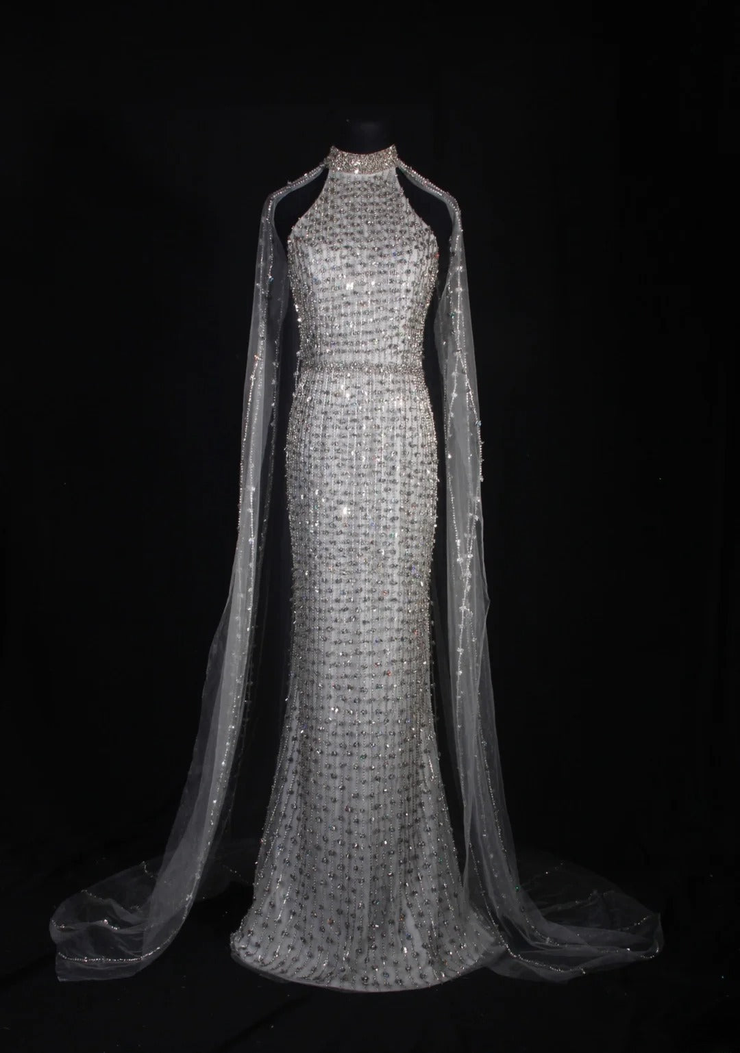 Vintage Mermaid 80s High Neck Silver Beads With Beaded Cape Long Prom Dresses Inspo 20th Birthday Outfit Formal Gowns AS327