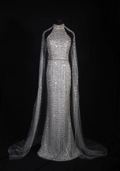 Vintage Mermaid 80s High Neck Silver Beads With Beaded Cape Long Prom Dresses Inspo 20th Birthday Outfit Formal Gowns AS327