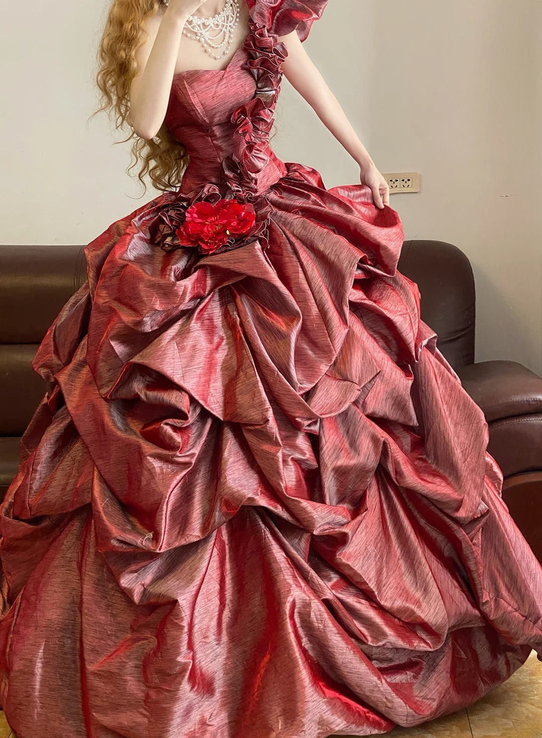 Ball Gown One Shoulder Burgundy With Flowers Sweet 16 Dress Sweet Sixteen Princess Dress RB9375