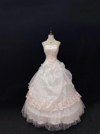 Dreamy Ball Gowns Strapless Pink Tulle Poofy Long With Lace Quince Dress inspo Quinceanera Dresses Vestidos De 16 anos RB7777
