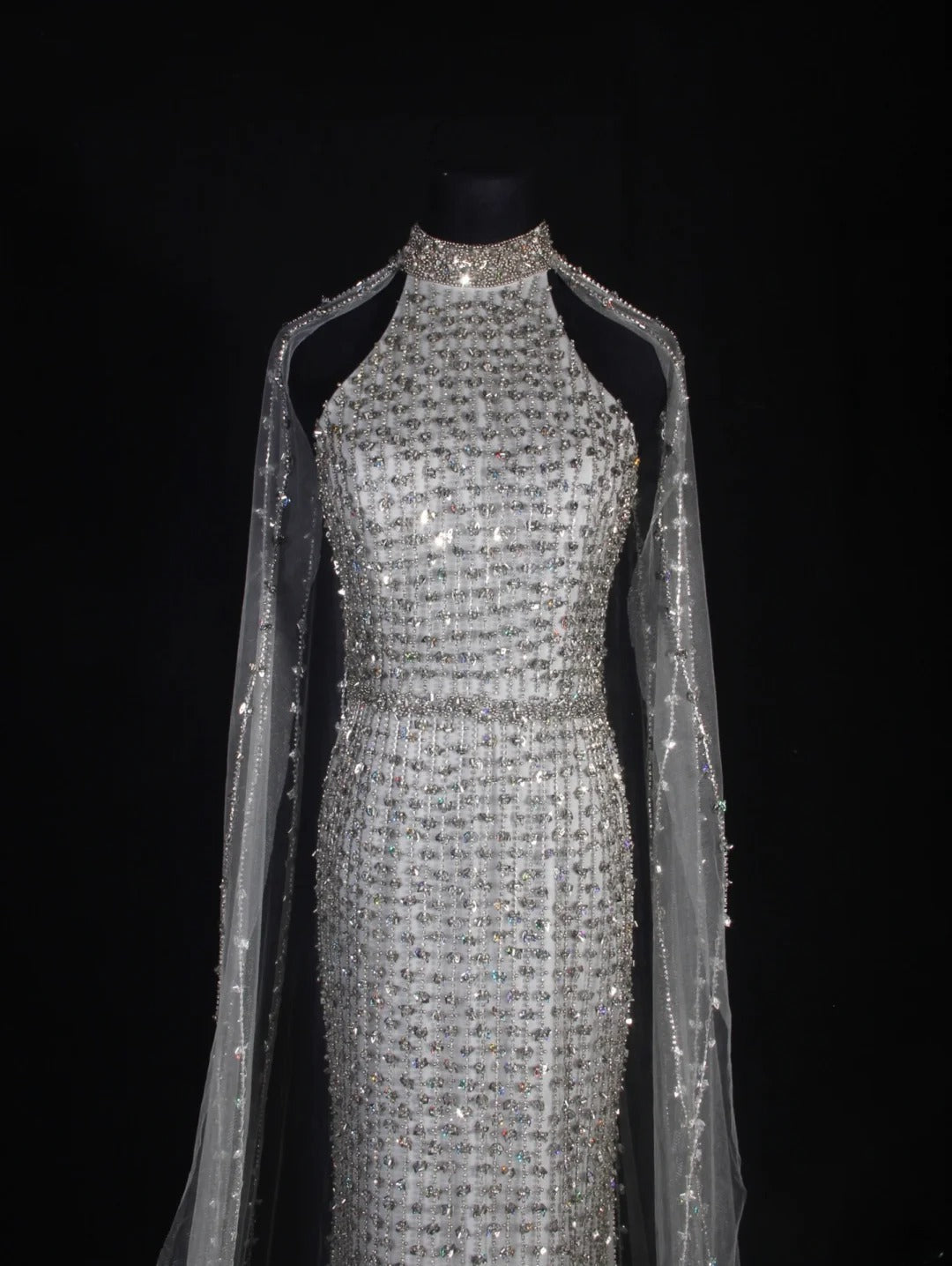Vintage Mermaid 80s High Neck Silver Beads With Beaded Cape Long Prom Dresses Inspo 20th Birthday Outfit Formal Gowns AS327