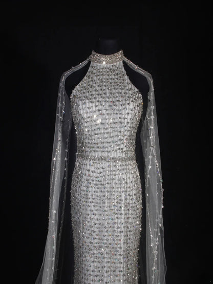 Vintage Mermaid 80s High Neck Silver Beads With Beaded Cape Long Prom Dresses Inspo 20th Birthday Outfit Formal Gowns AS327