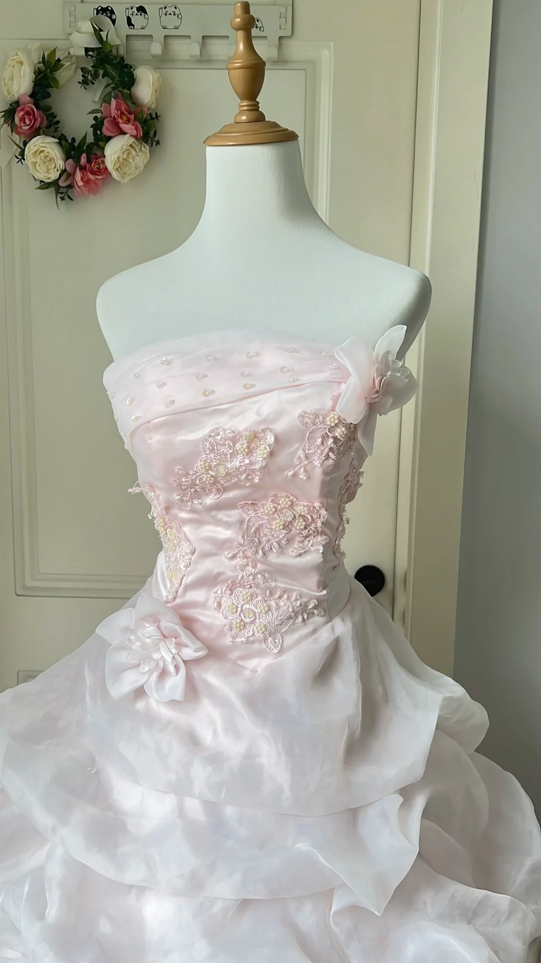 Sweet 15 Quinceanera Dress Ball Gown Strapless Pink Tulle With Lace Layers Long 16th Birthday Outfits RC0655