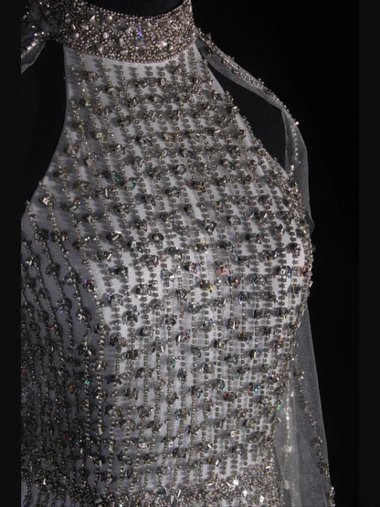 Vintage Mermaid 80s High Neck Silver Beads With Beaded Cape Long Prom Dresses Inspo 20th Birthday Outfit Formal Gowns AS327