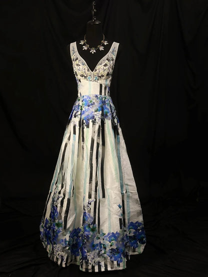 Vintage 80s Prom Dresses A Line V Neckline Floral Long Party Gown Formal Outfits RB6164