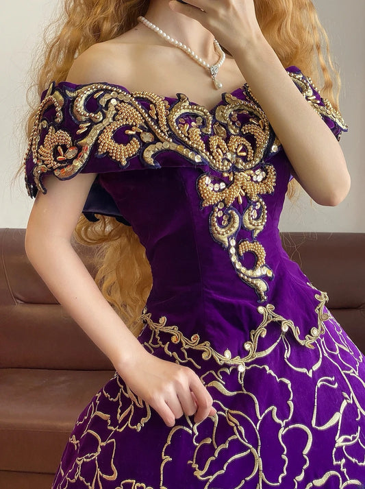 Ball Gown Off The Shoulder Grape With Gold Beading Sweet 16 Dress Sweet Sixteen Princess Dress RB9376