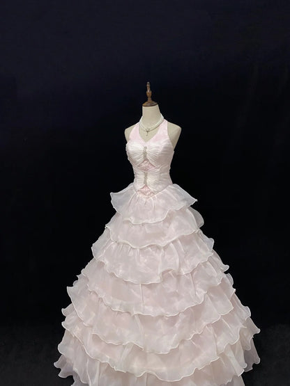 Dreamy Ball Gowns Halter Pink Organza Poofy Long With Layers Tiered Quince Dress inspo Quinceanera Dresses Sweet 15 16 Outfits RB7778