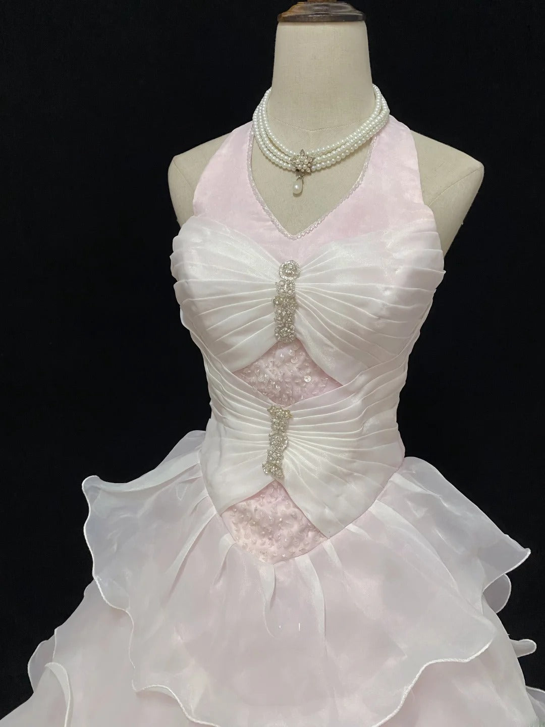 Dreamy Ball Gowns Halter Pink Organza Poofy Long With Layers Tiered Quince Dress inspo Quinceanera Dresses Sweet 15 16 Outfits RB7778