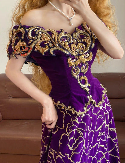Ball Gown Off The Shoulder Grape With Gold Beading Sweet 16 Dress Sweet Sixteen Princess Dress RB9376