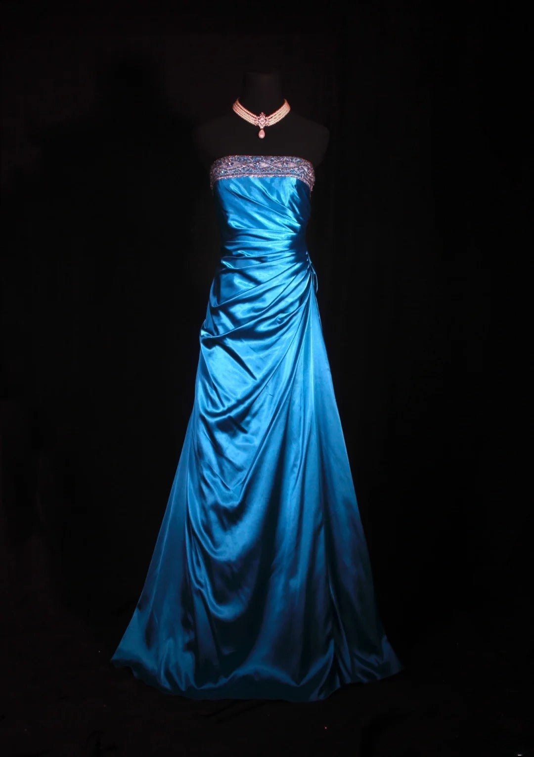 Vintage Ball Gown Strapless Blue Satin 1970s With Ruffled Beads Bodice Long Prom Dresses Inspo 16th Birthday Outfit Formal Gown AS329