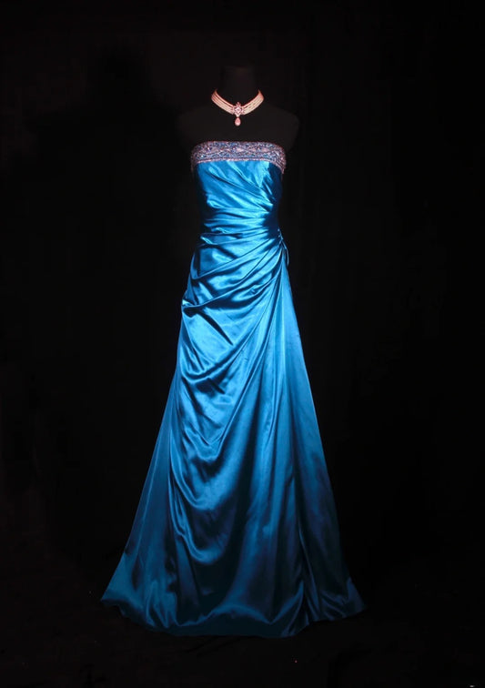 Vintage-Ballkleid, trägerlos, blauer Satin, 1970er Jahre, mit Rüschen und Perlenbesatz am Oberteil, langes Abendkleid, Inspiration für den 16. Geburtstag, formelles Kleid AS329