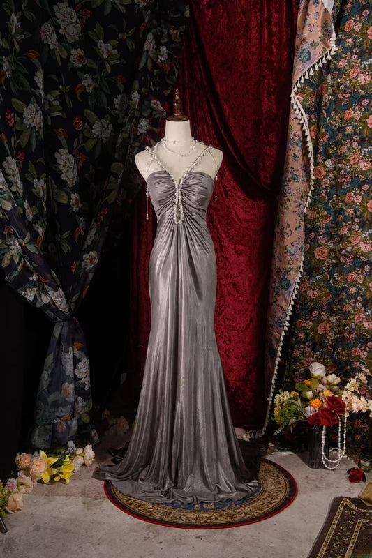 Chic Mermaid Halter Gray With Beaded Straps High School Dances Prom Dresses Formal Outfits Evening Gown RB8560
