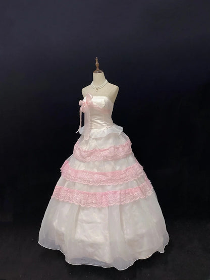 Dreamy Ball Gown Strapless Pink Lace Poofy Long With Layers Tiered Quince Dress inspo Quinceanera Dresses Sweet 15 16 Outfits RB7779