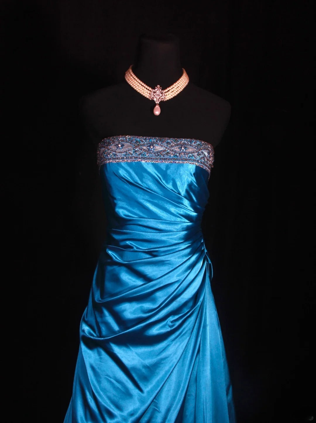 Vintage Ball Gown Strapless Blue Satin 1970s With Ruffled Beads Bodice Long Prom Dresses Inspo 16th Birthday Outfit Formal Gown AS329