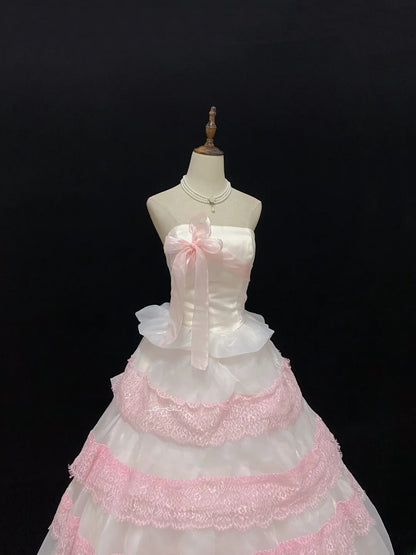Dreamy Ball Gown Strapless Pink Lace Poofy Long With Layers Tiered Quince Dress inspo Quinceanera Dresses Sweet 15 16 Outfits RB7779