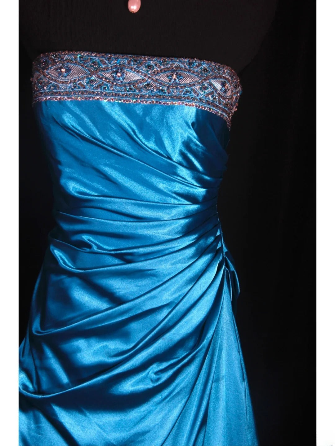 Vintage Ball Gown Strapless Blue Satin 1970s With Ruffled Beads Bodice Long Prom Dresses Inspo 16th Birthday Outfit Formal Gown AS329