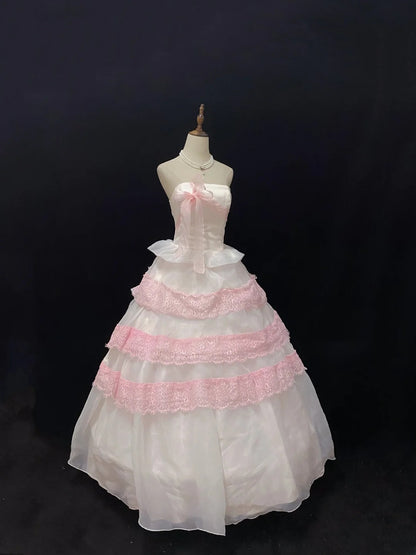 Dreamy Ball Gown Strapless Pink Lace Poofy Long With Layers Tiered Quince Dress inspo Quinceanera Dresses Sweet 15 16 Outfits RB7779