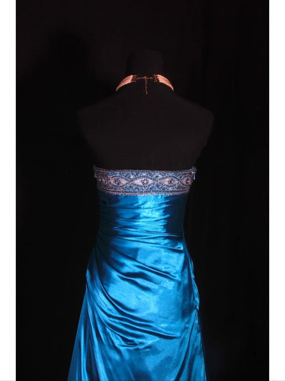 Vintage Ball Gown Strapless Blue Satin 1970s With Ruffled Beads Bodice Long Prom Dresses Inspo 16th Birthday Outfit Formal Gown AS329