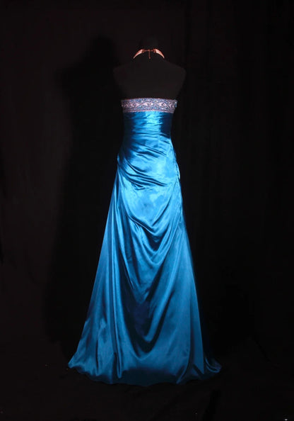 Vintage Ball Gown Strapless Blue Satin 1970s With Ruffled Beads Bodice Long Prom Dresses Inspo 16th Birthday Outfit Formal Gown AS329