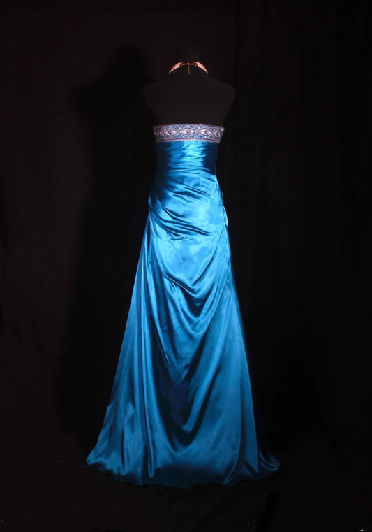Vintage-Ballkleid, trägerlos, blauer Satin, 1970er Jahre, mit Rüschen und Perlenbesatz am Oberteil, langes Abendkleid, Inspiration für den 16. Geburtstag, formelles Kleid AS329