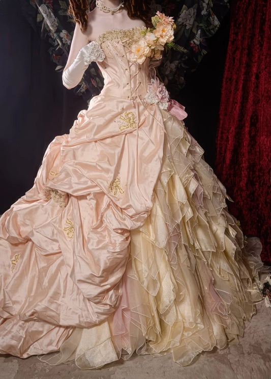 Cute Ball Gown Formal Events Strapless Pink Chiffon With Gold Appliqued Quince Dress Quinceanera Dresses Birthday Outfits RB8561