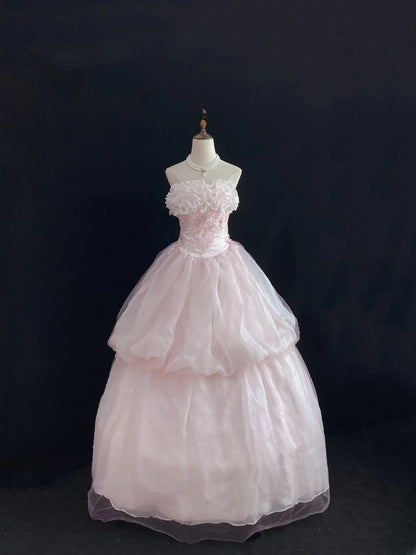 Dream Ball Gown Strapless Pink Lace Poofy Long With Tulle Tiered Quince Dress inspo Quinceanera Dresses Sweet 15 16 Outfits RB7780