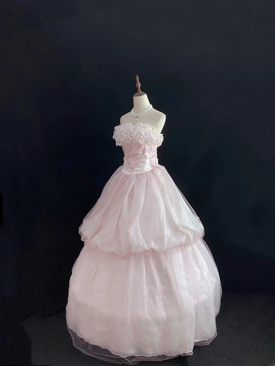 Dream Ball Gown Strapless Pink Lace Poofy Long With Tulle Tiered Quince Dress inspo Quinceanera Dresses Sweet 15 16 Outfits RB7780
