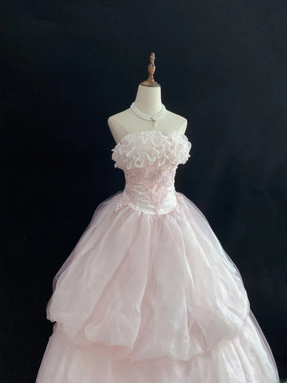 Dream Ball Gown Strapless Pink Lace Poofy Long With Tulle Tiered Quince Dress inspo Quinceanera Dresses Sweet 15 16 Outfits RB7780