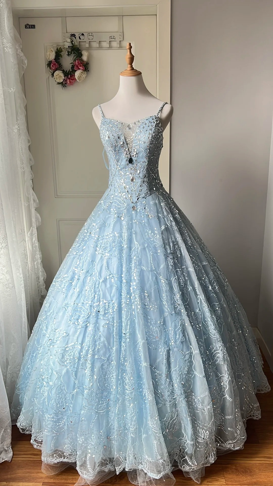 Pretty Sweet 16 Dress Long Spaghetti Straps Blue With Beading Ball Gown Sweet Sixteen Party Birthday Dresses RC0659