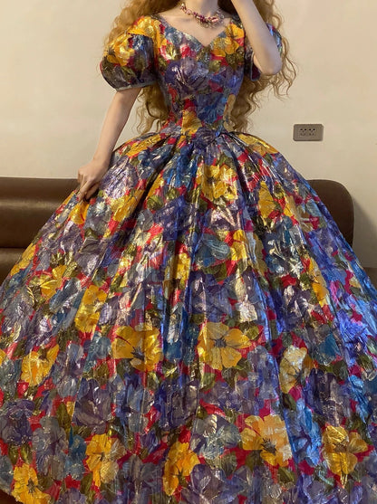 Ball Gown V Neck Floral Yellow Blue With Puffy Sleeves Sweet 16 Dress Sweet Sixteen Princess Dress RB9379