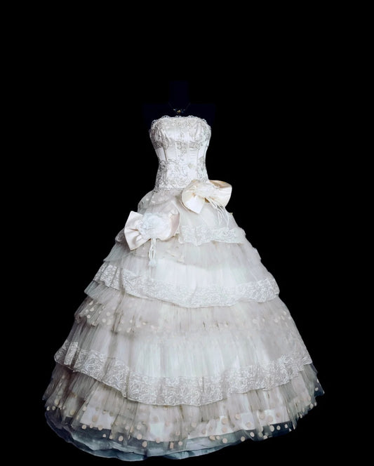 White Strapless Lace Ball Gown Quinceanera Dress, Sweet 15 Birthday Formal Dress RC0043