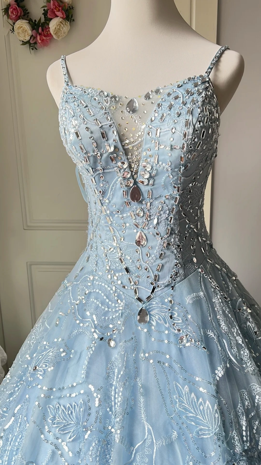 Pretty Sweet 16 Dress Long Spaghetti Straps Blue With Beading Ball Gown Sweet Sixteen Party Birthday Dresses RC0659