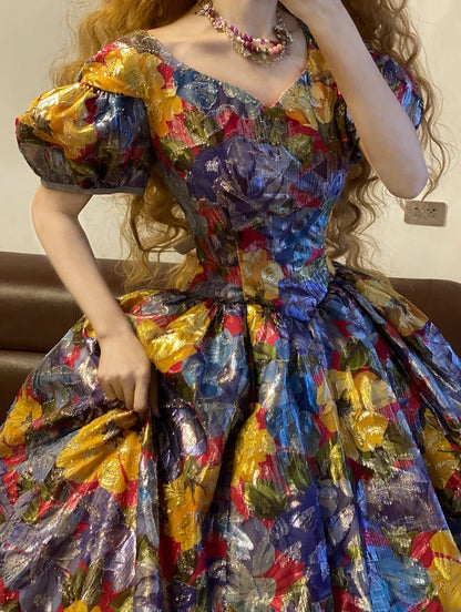 Ball Gown V Neck Floral Yellow Blue With Puffy Sleeves Sweet 16 Dress Sweet Sixteen Princess Dress RB9379