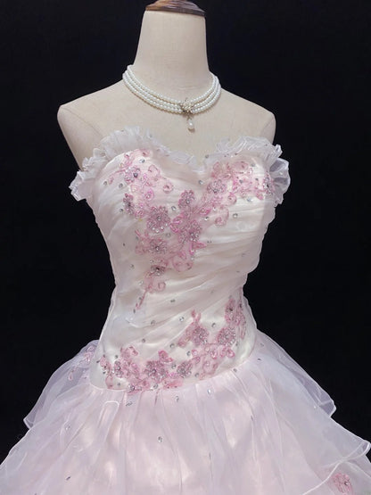 Dream Ball Gown Sweetheart Pink Lace Poofy Long With Tulle Tiered Layers Quince Dress inspo Quinceanera Dresses Sweet 15 16 Outfits RB7781