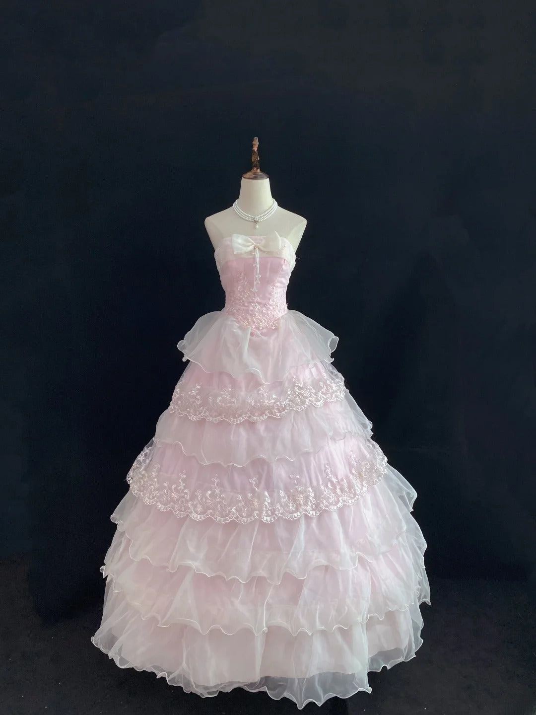 Dream Ball Gown Strapless Pink Lace Poofy Long With Organza Tiered Layers Quince Dress inspo Quinceanera Dresses Sweet 15 16 Outfits RB7782