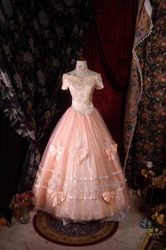 Timeless Ball Gown Formal Events Off The Shoulder Pink With Bow-knot Quince Dress Long Quinceanera Dresses Birthday Outfits RB8562