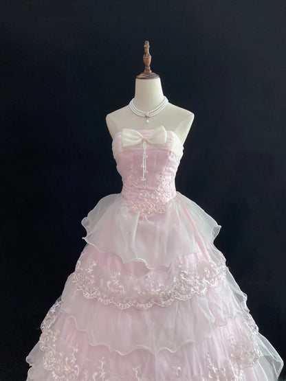 Dream Ball Gown Strapless Pink Lace Poofy Long With Organza Tiered Layers Quince Dress inspo Quinceanera Dresses Sweet 15 16 Outfits RB7782