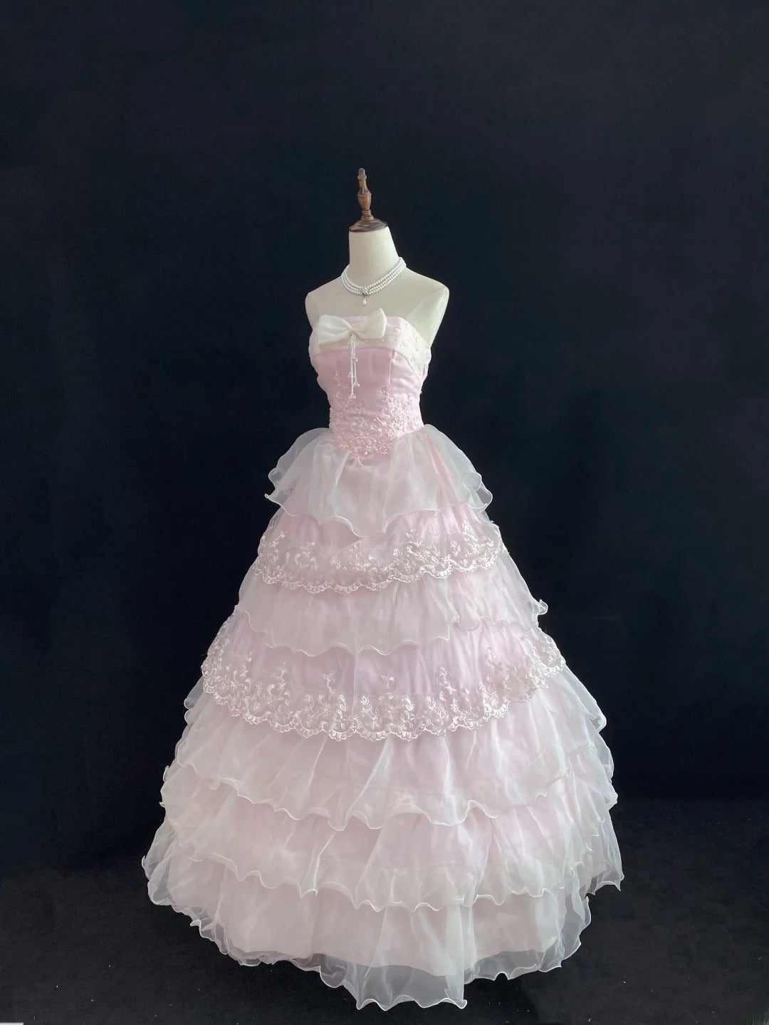 Dream Ball Gown Strapless Pink Lace Poofy Long With Organza Tiered Layers Quince Dress inspo Quinceanera Dresses Sweet 15 16 Outfits RB7782