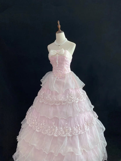 Dream Ball Gown Strapless Pink Lace Poofy Long With Organza Tiered Layers Quince Dress inspo Quinceanera Dresses Sweet 15 16 Outfits RB7782