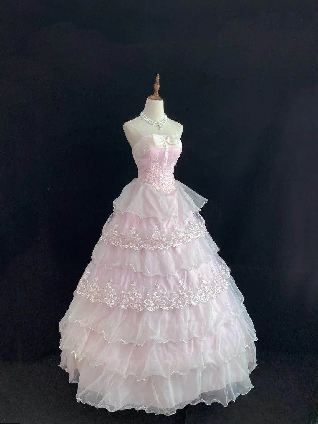 Dream Ball Gown Strapless Pink Lace Poofy Long With Organza Tiered Layers Quince Dress inspo Quinceanera Dresses Sweet 15 16 Outfits RB7782