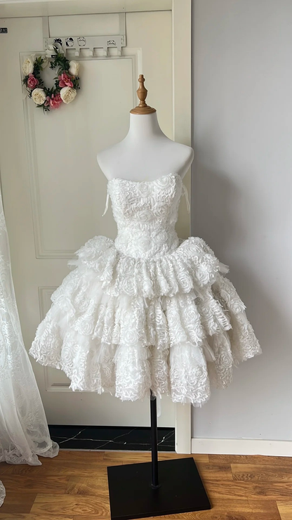 Hoco Dress Ball Gown Strapless White Short Floral Homecoming 17th Birthday Party Dress RC0661