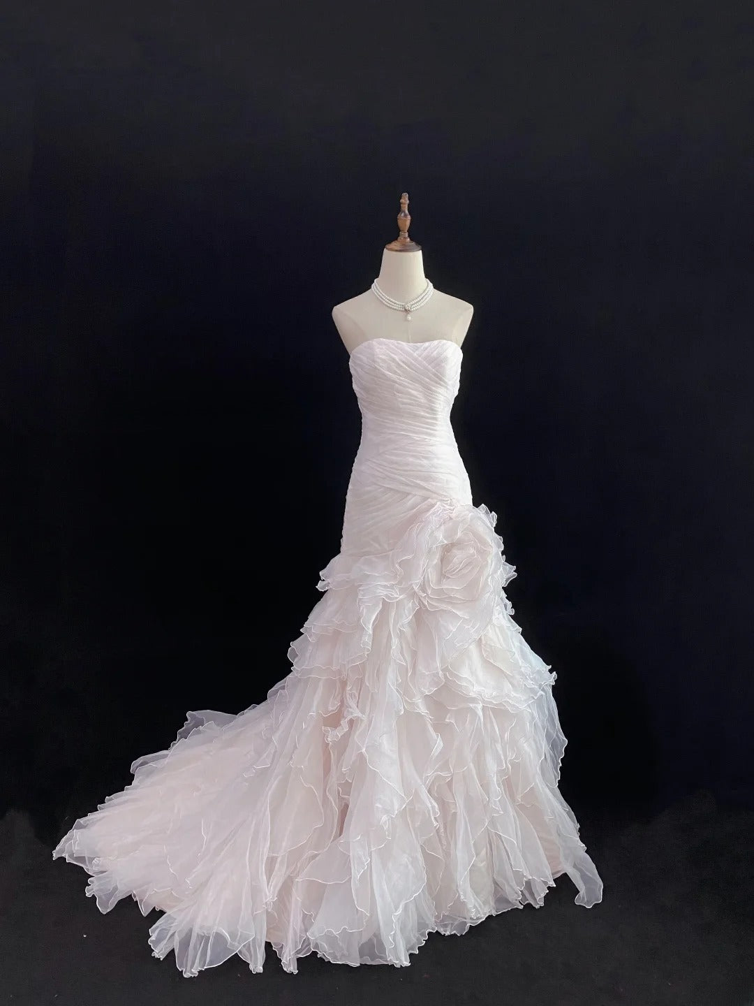 Modest Mermaid Strapless Pink Tulle With Ruffled Flowers Long Prom Dresses Formal Outfits Evening Night Dress RB7783