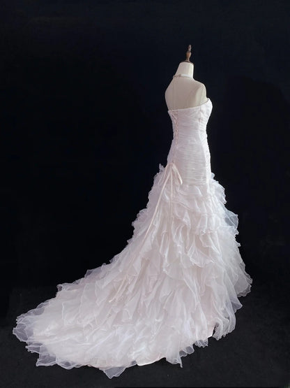 Modest Mermaid Strapless Pink Tulle With Ruffled Flower Long Prom Dresses Formal Outfit Evening Night Dress RB7784