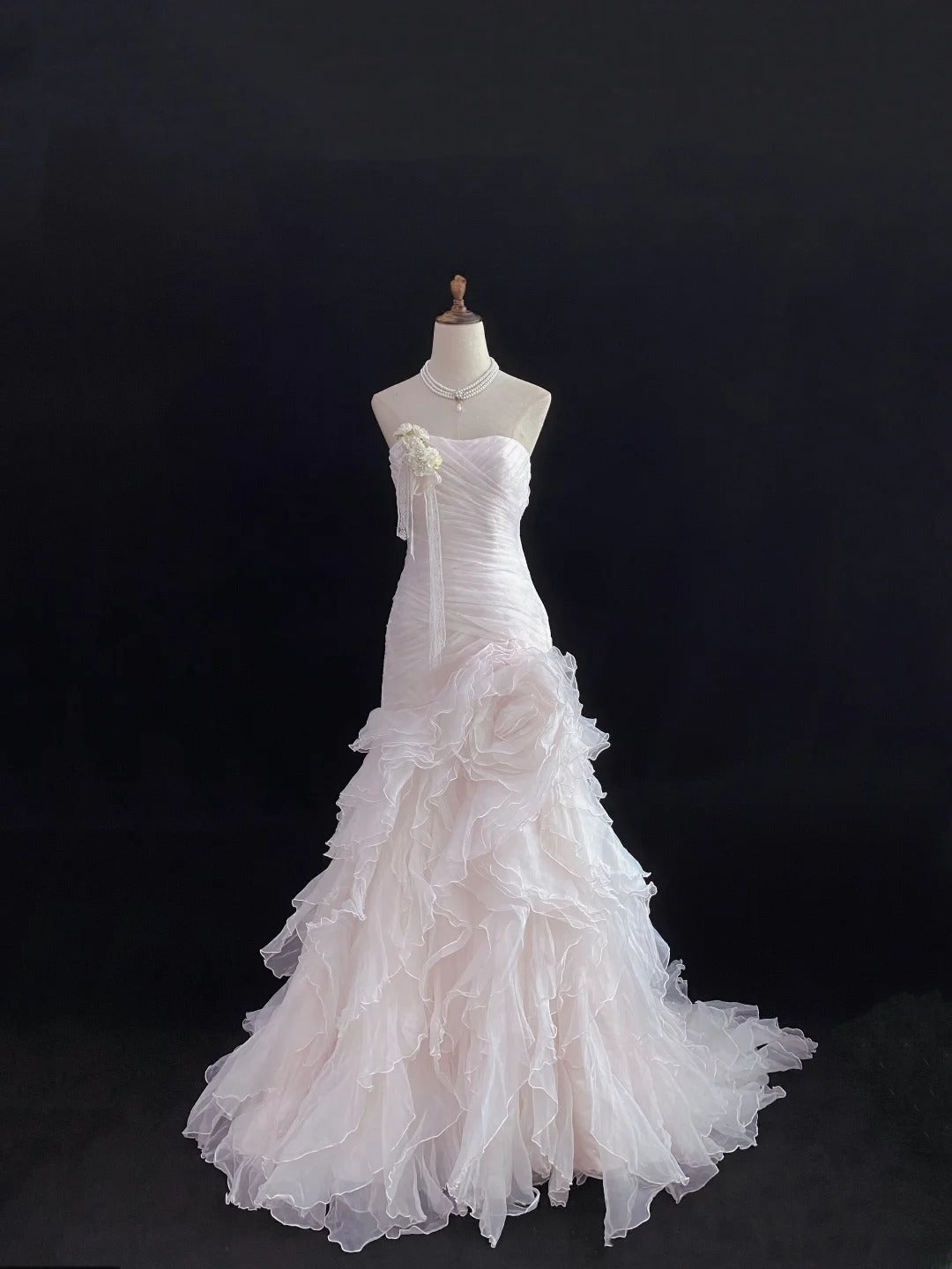 Modest Mermaid Strapless Pink Tulle With Ruffled Flower Long Prom Dresses Formal Outfit Evening Night Dress RB7784