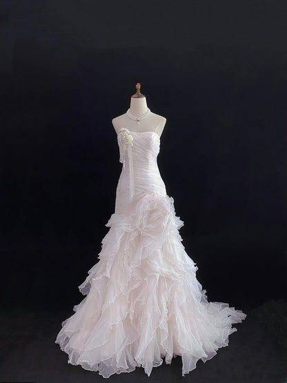 Modest Mermaid Strapless Pink Tulle With Ruffled Flower Long Prom Dresses Formal Outfit Evening Night Dress RB7784