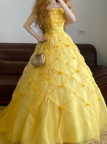 Prom Dress Elegant Ball Gown Spaghetti Straps Yellow Tulle Formal Evening Gown for Graduation Party RB9380